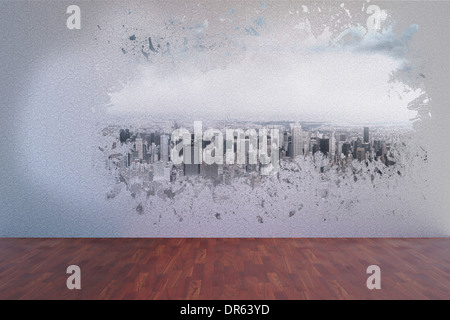 Splash on wall revealing cityscape Stock Photo