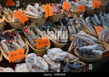 selection of sausages on street market stall, rennes, brittany, france Stock Photo