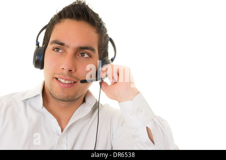 hispanic Call center operator isolated on white background Stock Photo