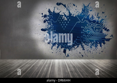 Splash on wall revealing circuit board Stock Photo