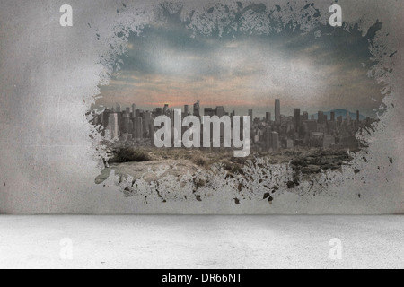 Splash on wall revealing city view Stock Photo