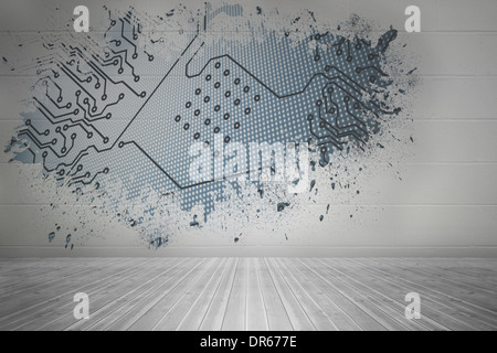 Splash on wall revealing circuit board Stock Photo