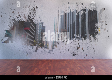 Splash on wall revealing city view Stock Photo