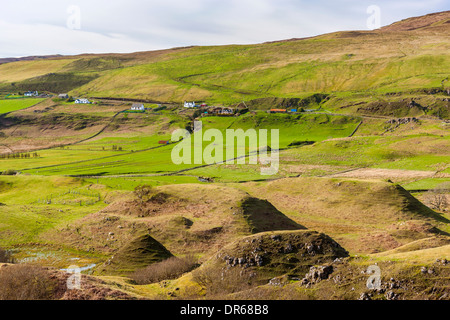 The Fairy (Faerie) Glen near Uig. A bizarre and delightful miniature landscape of grassy, cone-shaped hills on the Isle of Skye. Stock Photo