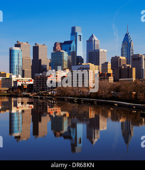 A picturesque image of the City of Philadelphia, is reflected in the still waters of The Scullykill River Stock Photo