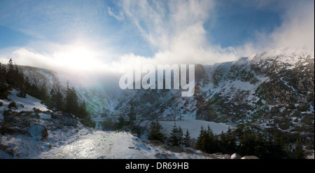 winter mountains landscape, Maly Staw in Karkonosze Mountains, Poland Stock Photo