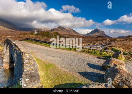 Old Bridge over the River Sligachan in front of the Cuilin Hills, Isle of Skye, Inner Hebrides, Scotland, UK, Europe. Stock Photo