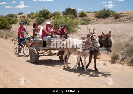 Family of the South African Karoo Sunday driving their donkey cart Stock Photo