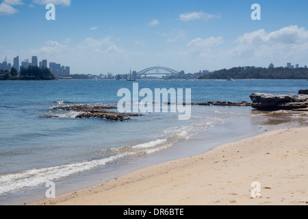 Milk Beach with Sydney Harbour Bridge and city skyline in background