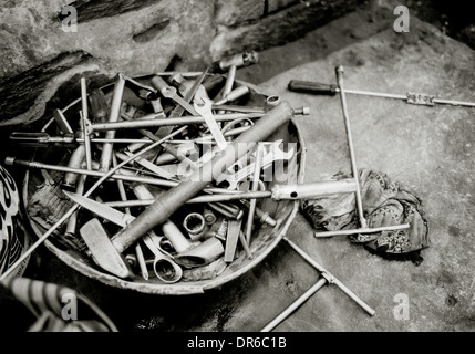 Documentary Photography - Tools in the old town in Jodhpur in Rajasthan in India in South Asia. Tool Bag Plumber Stock Photo