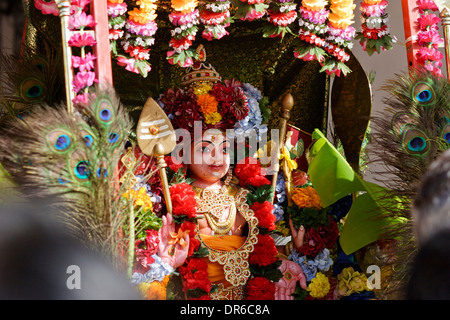 Brightly coloured Cavadee arrangement during the Thaipoosam Cavadee festival, Mauritius. Stock Photo