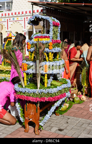 Brightly coloured Cavadee arrangement during the Thaipoosam Cavadee festival, Mauritius. Stock Photo