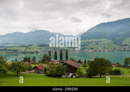View of Lake Sarnen (Sarnersee) towards Sachseln from Oberwilerstrasse on the national cycle route 4 (Alpenpanorama Route) Stock Photo