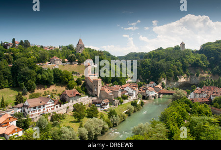 View of the Pont de Berne across the river Saane / Sarine in Fribourg, Switzerland (taken from the Pont de Zaehringen) Stock Photo