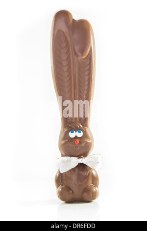 Single chocolate bunny with polka dot bow tie isolated on white Stock Photo