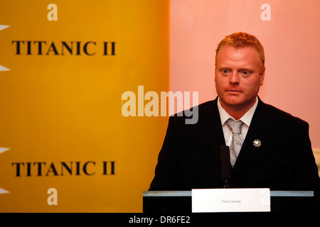 Press conference outlining his plans to build a replica Titanic at the Ritz Hotel in London Stock Photo