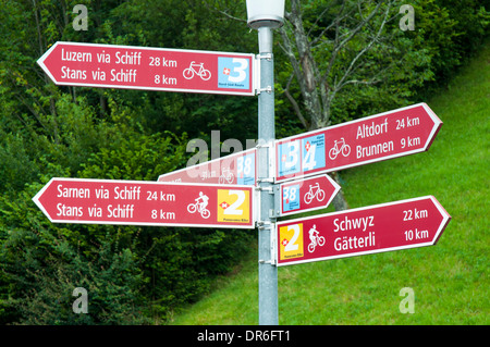 Signposts for Swiss national long distance and regional cycle routes near Gersau on Lake Lucerne in the Swiss Alps