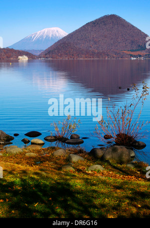 Mt. Yotei reflected on Lake Toya Stock Photo