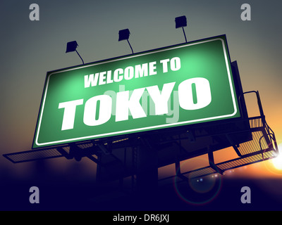 Billboard Welcome to Tokyo at Sunrise. Stock Photo