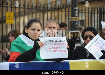 Romanians and Bulgarians unite in protest outside Downing Street against discrimination against them in the UK London 9/12/2012 Stock Photo