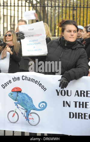 Romanians and Bulgarians unite in protest outside Downing Street against discrimination against them in the UK London 9/12/2013 Stock Photo