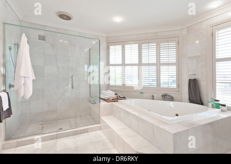 beautiful modern bathroom with marble tiles in australian mansion Stock Photo