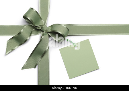 note card with ribbon bow on white background Stock Photo