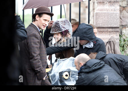 Matt Smith, Jenna-Louise Coleman   shooting a scene for the BBC One Sci Fi series 'Doctor Who' in Butetown  Wales - 02.07.12, Stock Photo