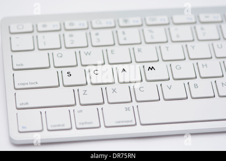 Computer Keyboard With Letters Spelling Out The Work Scam And Dislike Button Isolated On A White Studio Background Stock Photo
