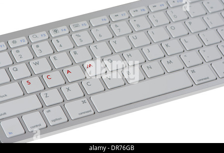 Computer Keyboard With Letters Spelling Out The Work Scam And Dislike Button Isolated On A White Studio Background Stock Photo