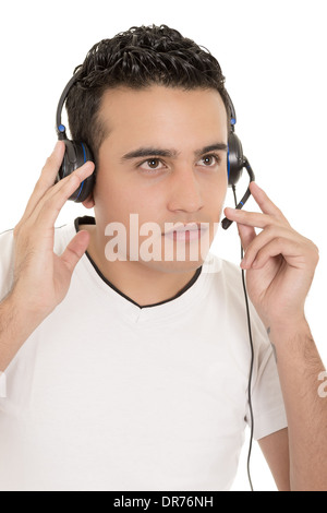Call center male hispanic operator isolated on white Stock Photo