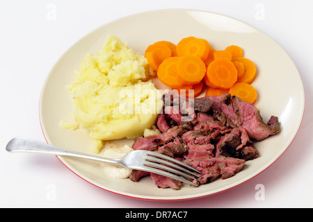 'London broil' marinaded flank of beef steak grilled and sliced thinly, then served with  potato,  carrots and horseradish sauce Stock Photo