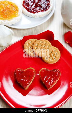 a sweet breackfast with love and red hearths of jam Stock Photo - Alamy