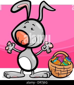 Cartoon Illustration of Cute Easter Bunny with Basket full of Paschal Eggs Stock Photo