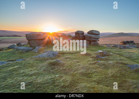 Early morning sunrise from Rowtor Dartmoor National Park Devon Uk Stock Photo