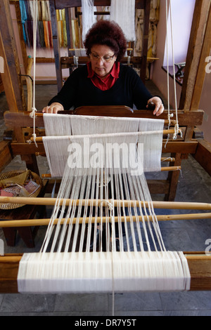 Woman working on a loom, Silk Museum, El Paso, La Palma, Canary Islands, Spain Stock Photo