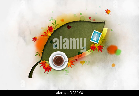 illustration memo template featuring green leaf with coffee Stock Photo