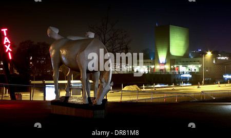 Groninger museum, the modernist contemporary art museum in Groningen, The Netherlands by night seen from the Central Station Stock Photo