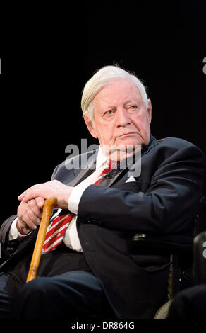 Hamburg, Germany. 19th Jan, 2014. Former German Chancellor Helmut Schmidt (SPD) is pictured during a round of talks on the stage at a birthday party for him in the Thalia Theater in Hamburg, Germany, 19 January 2014. Photo: Christian Charisius/dpa/Alamy Live News Stock Photo