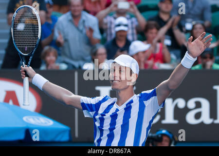 Melbourne, Victoria, Australia. 21st Jan, 2014. January 21, 2014: 7th seed Tomas BERDYCH (CZE) celebrates after defeating 3rd seed David FERRER (ESP) in a Quarterfinals match on day 9 of the 2014 Australian Open grand slam tennis tournament at Melbourne Park in Melbourne, Australia. Sydney Low/Cal Sport Media/Alamy Live News Stock Photo