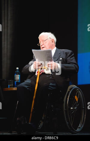 Hamburg, Germany. 19th Jan, 2014. Former German Chancellor Helmut Schmidt (SPD) is pictured during a round of talks on the stage at a birthday party for him in the Thalia Theater in Hamburg, Germany, 19 January 2014. Photo: Christian Charisius/dpa/Alamy Live News Stock Photo