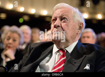 Hamburg, Germany. 19th Jan, 2014. Former German Chancellor Helmut Schmidt (SPD) sits at a birthday party for him in the Thalia Theater in Hamburg, Germany, 19 January 2014. Photo: Christian Charisius/dpa/Alamy Live News Stock Photo