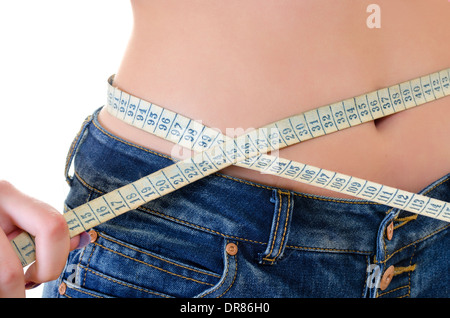 girl waist belly fat woman with waist tape measure closeup shot., Stock  image