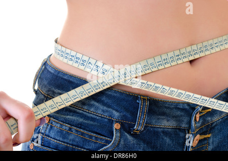 Close-up of Girl Measure the Waist, Centimeters Tape, Horizontal shot over White Background Stock Photo