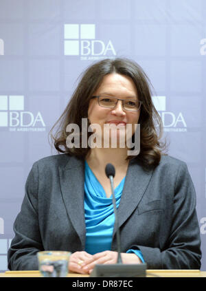 Berlin, Germany. 20th Jan, 2014. German Minister of Labour and Social Affairs Andrea Nahles (SPD) is pictured during a press conference of the Confederation of German Employers' Associations or BDA in Berlin, Germany, 20 January 2014. Photo: Soeren Stache/dpa/Alamy Live News