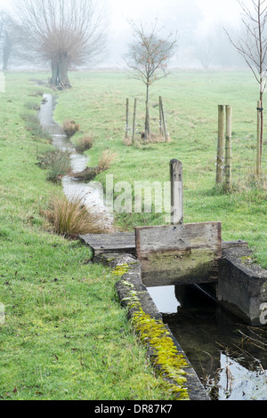 Small wooden sluice gate used to regulate flow of water into Harnham Water Meadows Salisbury Wiltshire UK Stock Photo