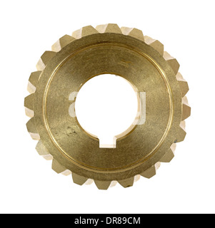 Top view of a new brass worm gear with a keyhole on a white background. Stock Photo