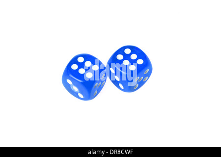 Two blue dices displaying "six" isolated on white Stock Photo