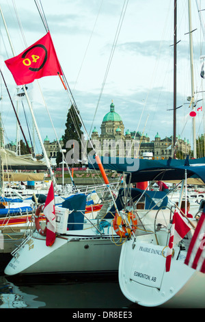 Sail Boats in the Inner Harbor and the BC Legislature, Victoria, BC Stock Photo