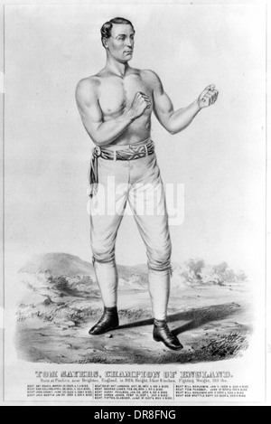 Tom Sayers, champion of England born at Pimlico near Brighton, Sussex 1826, height 5 ft. 8 inches, lowest feichting weight 10 st. 10 lbs. Tom Sayers, full-length portrait, facing right, in boxing stance. Includes list of fights with opponent's name and date of bout. Stock Photo